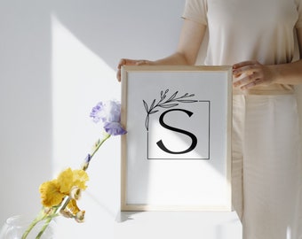 Arte de pared imprimible con letras modernas y rústicas "S", letras negras en negrita