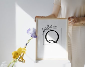 Arte de pared imprimible con letras negras en negrita rústicas modernas de la letra "Q"