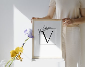 Arte de pared imprimible con letras modernas y rústicas "V" en negrita negra