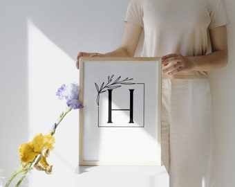 Arte de pared imprimible con letras negras en negrita rústicas modernas de la letra "H"