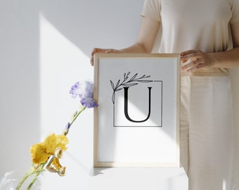 Arte de pared imprimible con letras negras en negrita rústicas modernas de la letra "U"
