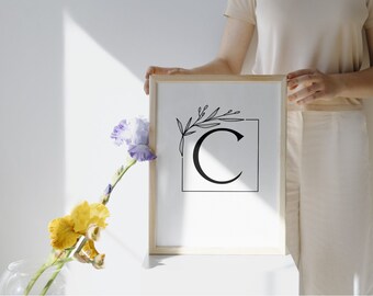 Arte de pared imprimible con letras modernas y rústicas "C", letras negras en negrita
