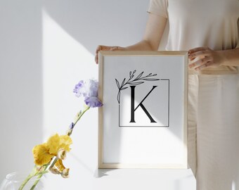 Arte de pared imprimible con letras negras en negrita rústicas modernas de la letra "K"
