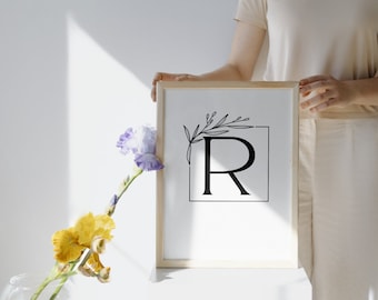 Arte de pared imprimible con letras modernas y rústicas "R", letras negras en negrita