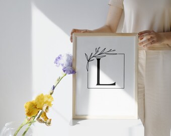 Arte de pared imprimible con letras modernas y rústicas "L" en negro y negrita