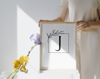 Arte de pared imprimible con letras modernas y rústicas "J" en negrita negra
