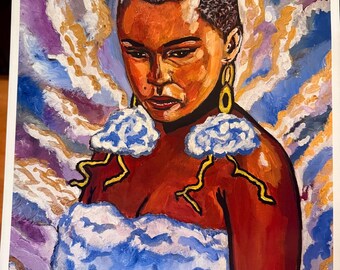 May include: An original painting of a person with short hair, wearing cloud-like attire. The artwork features a vibrant color palette of blues, reds, and gold, with cloud and lightning bolt motifs. The artist's signature is in the bottom right corner.