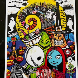 Jack and Sally Halloween Christmas Art Deco Characters Disney Tim Burton Print Tribute