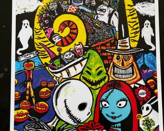 Jack und Sally Halloween Weihnachten Art-Deco-Charaktere Disney Tim Burton Print Tribute