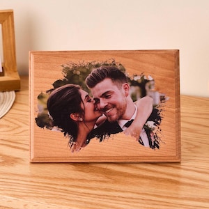 Personalized Couple Portrait Photo, Christmas Photo Gift, Custom Photo on Wood, Engraved Photo on Wood Watercolor Style, Custom Wall Art