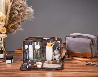 Borsa da toilette per uomo in tela e pelle, kit Dopp personalizzato, kit Dopp extra large, borse da barba per lunghi viaggi, borsa completamente trasparente