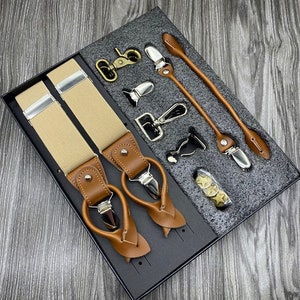 Porte-jarretelles homme, cadeaux de Noël, bretelles de mariage, boutons, clips pour porte-jarretelles, cadeaux BestMan, cadeaux de mariage, cadeaux d'anniversaire Khaki