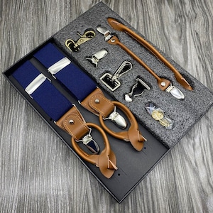 Porte-jarretelles homme, cadeaux de Noël, bretelles de mariage, boutons, clips pour porte-jarretelles, cadeaux BestMan, cadeaux de mariage, cadeaux d'anniversaire Dark Blue