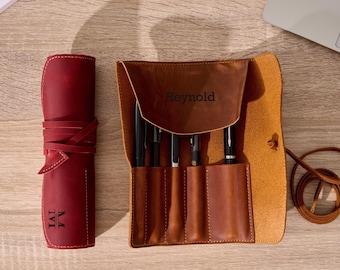 Fountain Pen Case, Leather Pencil Roll, Custom Pen Pouch, Leather Pen Roll, Artist Roll, Personalized Teacher Gift, Paint Brush Holder