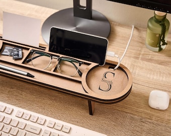 Personalisierter Holz Schreibtisch Organizer, Schreibtisch Zubehör, Benutzerdefinierter Tablet und Telefon Ständer, Dockingstation, Organizer Geschenk, Weihnachtsgeschenk