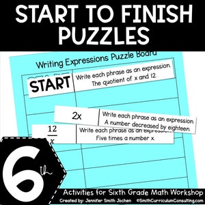 6th Grade Start to Finish Puzzles Self Checking Math Station - Math Game Math Games - Puzzle - Sixth Grade Math - Math Worksheet - Practice