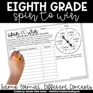 May include: A printable worksheet for eighth grade maths students. The worksheet includes a spinner with scientific notation problems and a table for students to write their subtraction sentences and solutions. The text "Spin to Win: Subtracting Scientific Notation" is at the top of the worksheet.
