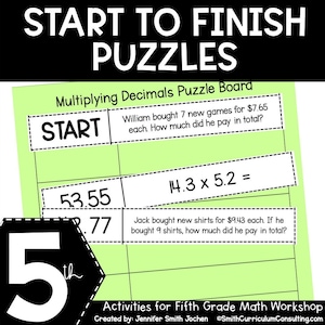 5th Grade Start to Finish Puzzles Self Checking Math Station - Math Game Math Games - Puzzle - Third Grade Math - Math Worksheet - Practice