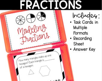 May include: A red plastic box with a white lid. The lid is open and shows a black and white task card with a hexagon and triangles. The text on the card reads "How many triangles make up one hexagon? Each triangle is ___ of a hexagon." The box also includes the text "Modeling Fractions" and "Includes: Task Cards in Multiple Formats, Recording Sheet, Answer Key".