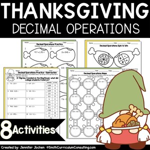May include: A Thanksgiving-themed worksheet pack for teaching decimal operations. The worksheets feature a variety of activities, including practice problems, a spin-to-win game, and a maze. The worksheets are decorated with a cartoon turkey and pilgrim.