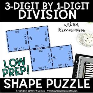 Op de afbeelding: Een blauwe vormpuzzel voor 3-cijferige door 1-cijferige delingsproblemen. De puzzelstukjes hebben wiskundige problemen en antwoorden. De woorden "LOW PREP!" en "SHAPE PUZZLE" zijn ook zichtbaar.
