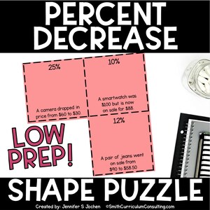 Peut inclure: Un puzzle rose avec les mots "PERCENT DECREASE" en grandes lettres blanches. Le puzzle comprend trois sections avec des problèmes de diminution en pourcentage. Le texte "LOW PREP!" est en lettres roses. Le puzzle est conçu par Jennifer S Jochen.