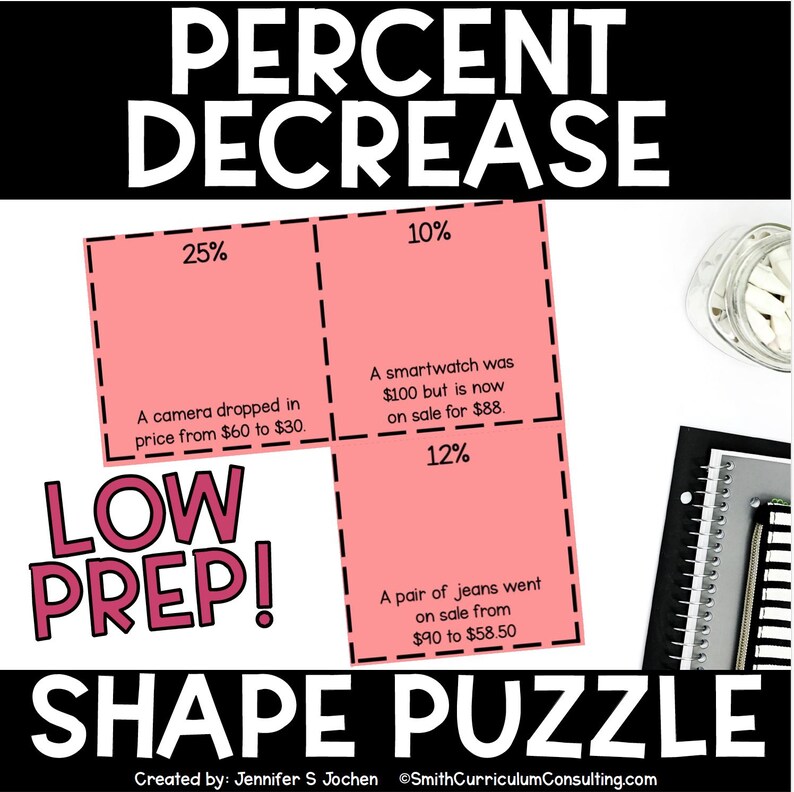 May include: A pink shape puzzle with the words "PERCENT DECREASE" in large white letters. The puzzle includes three sections with percentage decrease problems. The text "LOW PREP!" is in pink letters. The puzzle is designed by Jennifer S Jochen.