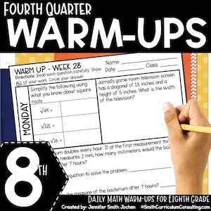 May include: A worksheet titled "Fourth Quarter Warm-Ups" for eighth grade math. The worksheet includes problems on square roots and geometry. A hand holds a pencil, ready to solve a problem. The text "Daily Math Warm-Ups for Eighth Grade" is also visible.
