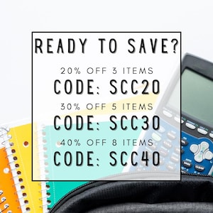 May include: A graphic with text that reads "READY TO SAVE?" and lists discount codes for different quantities of items. The codes are: SCC20 for 20% off 3 items, SCC30 for 30% off 5 items, and SCC40 for 40% off 8 items.
