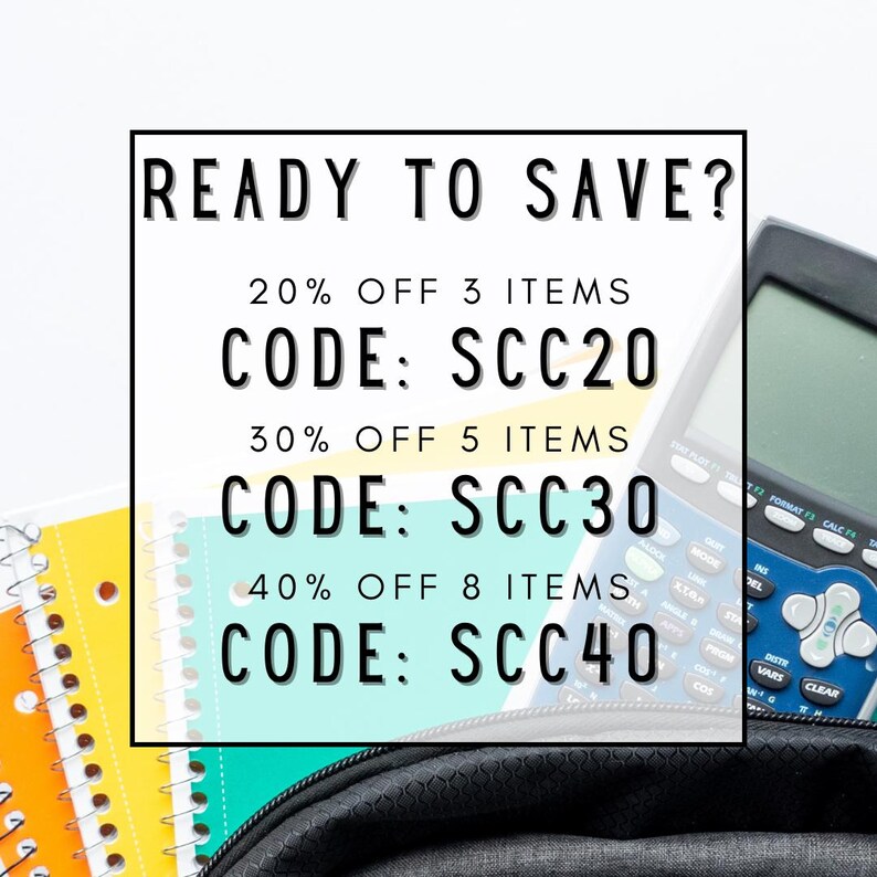 May include: A graphic with text that reads "READY TO SAVE?" and lists discount codes for different quantities of items. The codes are: SCC20 for 20% off 3 items, SCC30 for 30% off 5 items, and SCC40 for 40% off 8 items.