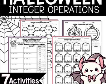 Halloween Mathe-Aktivitäten Ganzzahlige Rechenketten LOW PREP Arbeitsblätter - Mittelstufe (PDF)