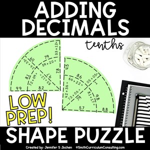 May include: A math educational resource with the text "ADDING DECIMALS" and "LOW PREP! SHAPE PUZZLE". The image features green shape puzzles with decimal addition problems, a jar of erasers, and notebooks. The text "tenths" is also visible.