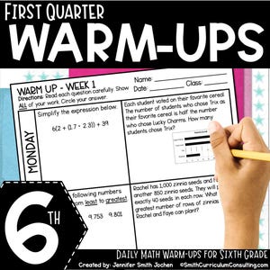 May include: A black and white worksheet with the title "First Quarter Warm-Ups" and the text "Warm Up - Week 1". The worksheet includes math problems for sixth grade students. The first problem asks students to simplify the expression 6(2 + (1.7 * 2.3)) + 39. The second problem asks students to order the numbers 9.753 and 9.801 from least to greatest. The third problem asks students to solve a word problem about zinnia seeds.