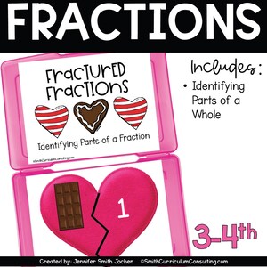May include: A pink plastic container with a white card inside that says "Fractured Fractions" and "Identifying Parts of a Fraction". The container is open and shows a pink heart shape divided into two parts. One part has a chocolate bar and the other part has the number "1" written on it. The text "3-4th" is written in pink on a white background.