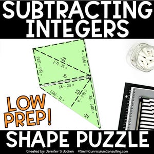 May include: A green shape puzzle for subtracting integers, with equations and answers. The text "Subtracting Integers" and "Shape Puzzle" are at the top and bottom. The words "Low Prep!" are in orange. A jar of erasers and a notebook are also visible.