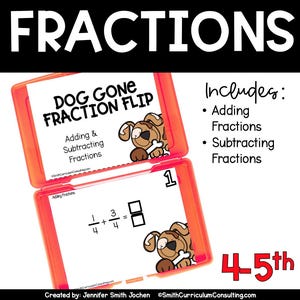 May include: A red and white plastic box with a dog illustration on the front. The box contains cards with fraction problems for adding and subtracting fractions. The box is labeled "Dog Gone Fraction Flip" and is designed for 4th and 5th grade students.