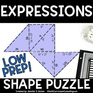 May include: A light purple shape puzzle with the word "EXPRESSIONS" at the top. The puzzle pieces are triangles with mathematical expressions and numbers. The words "LOW PREP!" and "SHAPE PUZZLE" are also visible.