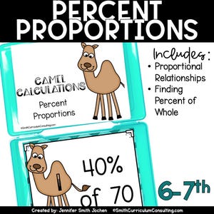 Può includere: Un foglio di lavoro colorato con un cammello dei cartoni animati e il testo "CAMEL CALCULATIONS Percent Proportions". Il foglio di lavoro include un problema di matematica con il testo "40% di 70" e il testo "6-7th".