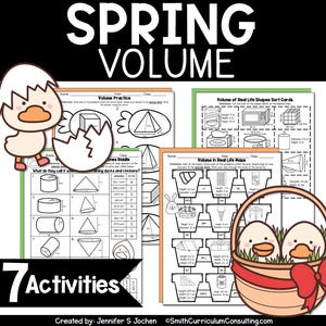 May include: A set of seven spring-themed math worksheets for kids to practice volume. The worksheets feature a variety of real-life objects, such as a duck, a cone, a box, a microwave, and a tent. The worksheets are black and white and have a fun, springy design.