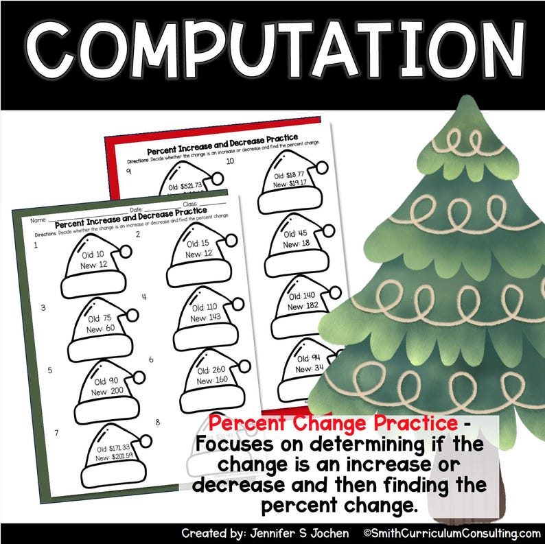 May include: A printable worksheet with a Christmas theme for practicing percent increase and decrease. The worksheet features a series of Santa hats with different numbers representing the old and new prices. The worksheet is titled "Percent Increase and Decrease Practice" and includes the text "Focuses on determining if the change is an increase or decrease and then finding the percent change."