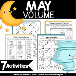 Könnte beinhalten: Ein Satz von sieben druckbaren Arbeitsblättern zum Unterrichten des Volumens von rechteckigen Prismen. Die Arbeitsblätter bieten eine Vielzahl von Aktivitäten, darunter Übungsaufgaben, ein Rätsel aus dem echten Leben, eine Malen-nach-Code-Aktivität und ein Labyrinth. Die Arbeitsblätter sind für Schüler der Klassen 4-6 konzipiert.