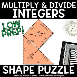 May include: A peach-colored shape puzzle with math problems, including multiplication and division of integers. The puzzle is labeled "Multiply & Divide Integers" and "Shape Puzzle". A jar of white objects and a notebook are also visible.