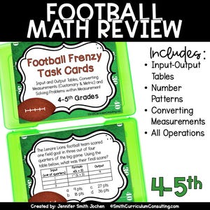 May include: Green and white task cards with a football theme. The cards include input and output tables, converting measurements, and solving problems within measurement. The cards are designed for 4th and 5th grade students.