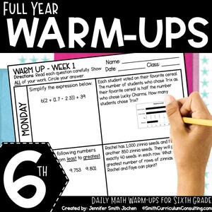 6th Grade Math Warm Ups - Full Year - Daily Bell Ringers, Bellwork, Sixth Grade Math, Daily Review, 36 Weeks, Math Practice