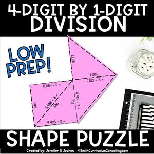 Op de afbeelding: Een roze vormpuzzel met deelsommen, waaronder "4-DIGIT BY 1-DIGIT DIVISION" en "LOW PREP!". De puzzel bevat vergelijkingen zoals 8.064 ÷ 4 = en 7.812 ÷ 6 =. De tekst "SHAPE PUZZLE" is ook zichtbaar.