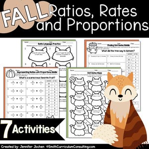 May include: Seven printable worksheets for teaching ratios, rates, and proportions. The worksheets feature an autumn theme with images of pumpkins, foxes, and mushrooms. The worksheets include activities such as ratio language practice, finding unit rates, representing ratios with proportions, and a unit rates maze.