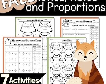 Fall Math Activity Rate Unit Rate Proportions 6-7th LOW PREP Worksheets Themed Practice Packet