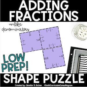 Pode incluir: Um recurso educacional de matemática com o texto "ADDING FRACTIONS" e "SHAPE PUZZLE". A imagem apresenta um quebra-cabeça roxo com equações de frações, um frasco de vidro com borrachas brancas e um caderno preto. O texto "LOW PREP!" também é visível.