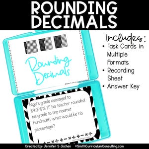 May include: A blue and black folder with the title "Rounding Decimals" on the front. The folder contains task cards, a recording sheet, and an answer key. The task cards include a word problem about rounding a percentage to the nearest hundredth.