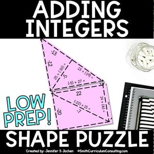 May include: A pink shape puzzle with the text "ADDING INTEGERS" and "LOW PREP!". The puzzle includes math problems with negative and positive numbers. A jar of white candies and a notebook are in the background.